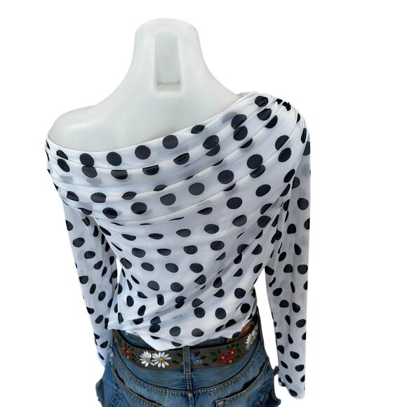 AFRM Black White Polkadot One Shoulder Mesh Top LARGE Ruched Sheer $48 - Picture 11 of 12